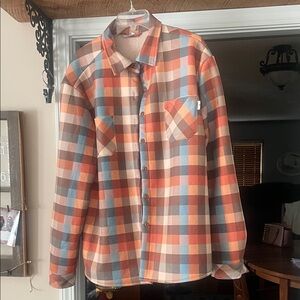 Men's Plaid Shirt Jacket in Orange and Blue Sherpa lined